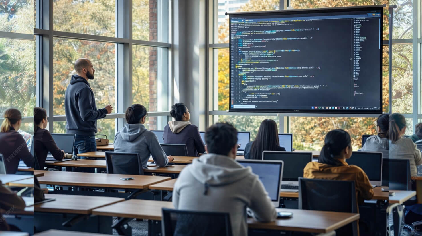 Software engineers collaborating in a modern workspace